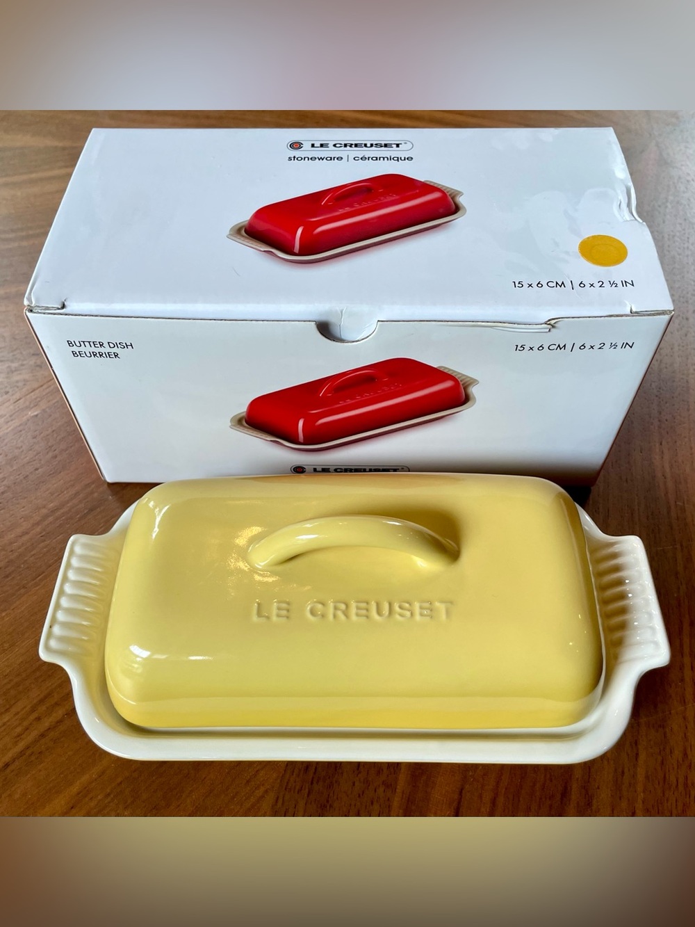 NIB Le Creuset Yellow Stoneware Butter Dish with Lid